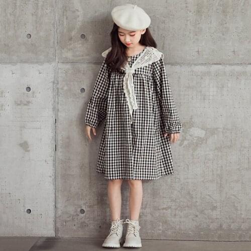 2020 Autumn Korean Teenage Girls Plaid Dress Kids Cute Princess Dress Children Cotton Clothes Girls Elegant Casual Dress, #9129