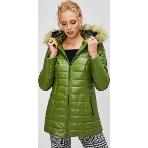 Green Womens Genuine Leather Coat With Fur