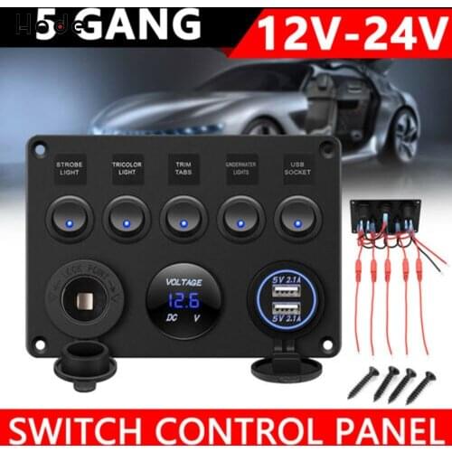 5 Gang Car Marine Switch Panel Breaker Boat Car Rocker Switch Control Digital Voltmeter Panel