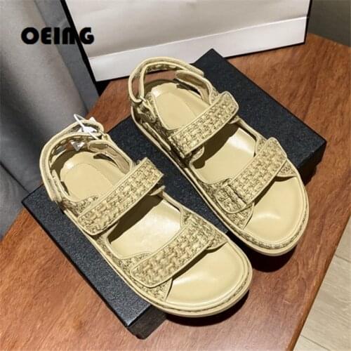 Women Cane Weaving Sandals Hook&Loop Slingback Platform Sandals Summer Designer Dad Sandal Casual Beach Gladiator Sandals Women