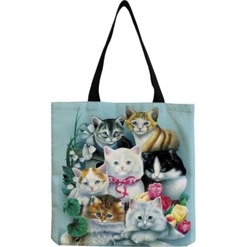 Cute Cat Tote Bags For Ladies Large Capacity Female Floral Animal Printed Handbag Practical Foldable Shoulder Bag Custom Pattern