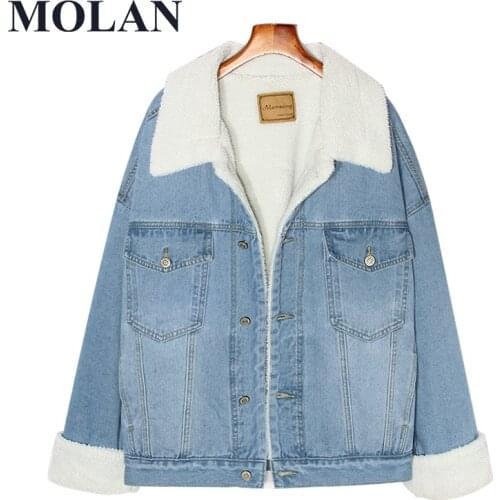 Denim Jacket Womens Winter Thick Lamb Hair Plus Velvet Large Denim Loose BF 2021 New Fashion Female jacket