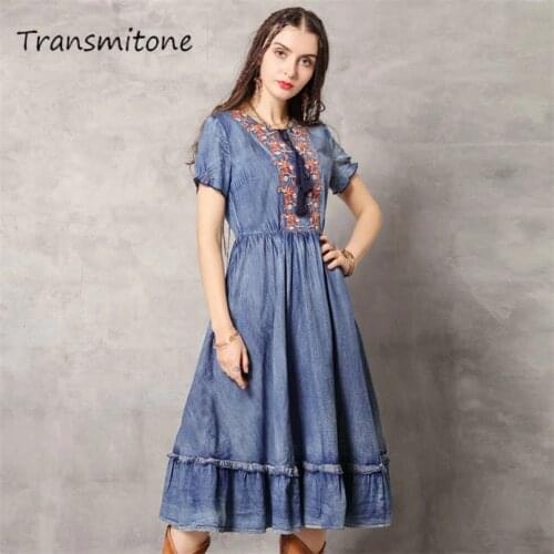 100% Cotton Summer Women Dress 2019 Vintage Denim Women Dresses O-Neck Short Sleeve Flower Embroidery Vestidos Ruffles Hem 82157