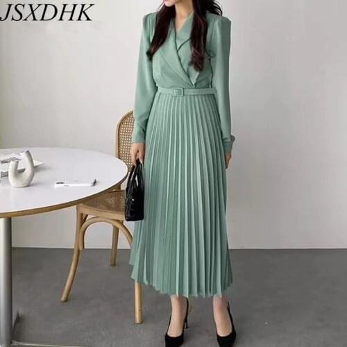 New Arrival Korean Office Ladies Autumn Dress Elegant Chic Women Notched Collar Green Chiffon Pleated Belt Long Dresses Vestidos