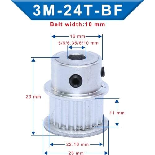 3M-24T Pulley K&BF Shape Bore 5/6/6.35/8/10/12mm Slot Width 11 mm pulley wheel Aluminum Material For Width 10mm 3M-Timing Belt