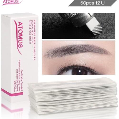 50pcs 12U Shape Tattoo Needling Permanent Makeup Needles Micro Blading Eyebrow Embroidery Lamina Agujas Microblading Sombrea
