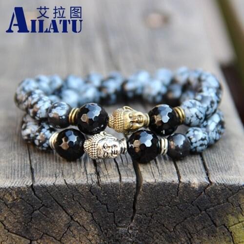 Ailatu Hot Sale Jewelry Snowflake Obsidian Antique Silver Color Buddha Yoga Bracelet for Mens Gift