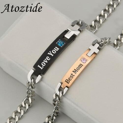 Atoztide Engrave Name Bar Nameplate Couple Lover Diamond Bracelet Stainless Steel For Men Women Adjustable Chain Jewelry Gift