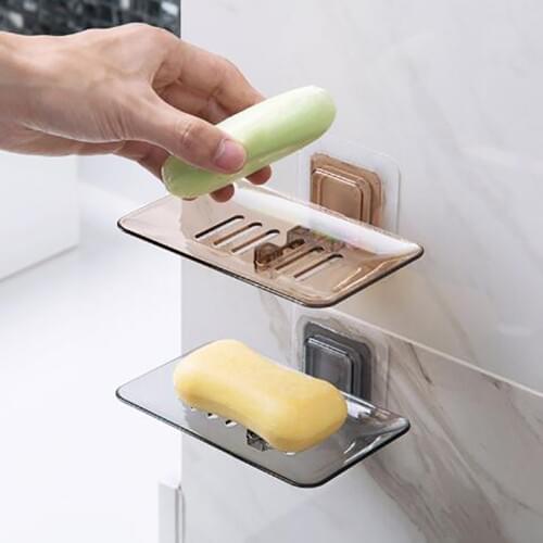 Basupply 1Pc Self-adhesive Soap Box Bathroom Wall-mounted Soap Dish Drain Soap Holder Hanging Storage Shelf Bathroom Accessories