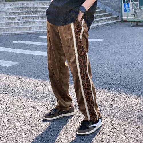 Mens New Stitching Leopard Print Ribbon Casual Pants Loose Straight Silk Wide Leg Pants Joggers Sweatpants Streetwear Trousers