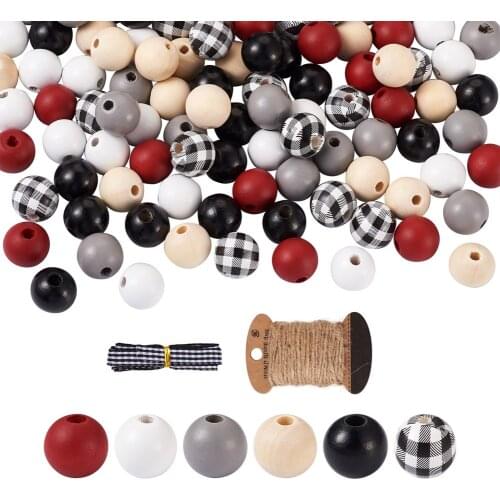 120Pcs Natural Wood Beads Round Wooden Loose Spacer Beads with Ribbon & Jute Cord For DIY Bracelet Necklace Jewelry Making