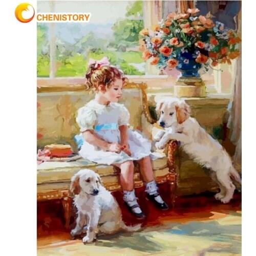 CHENISTORY Little Girl With Dog Cat Oil Painting By Numbers For Adults Handmade 60x75cm Framed Modern Home Wall Decor Art Paint