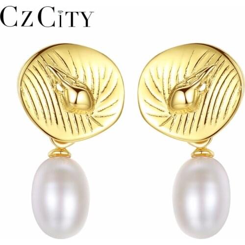 CZCITY Brand Designer Pearl Earrings 6-7mm White Freshwater Pearl Cute Gold Conch Silver 925 Vintage Earrings for Girls 2018