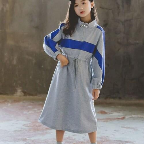 Kids Long Hoodies Dresses For Teenage Girls Black Gray Patchwork Long Sleeve Dress Baby Big Girl Sweatshirt Children Clothing