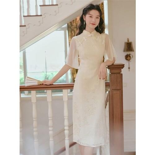 Elegant Cheongsam High Slit Half Lotus Leaf Sleeve Tea-length A-line Beige Summer Dresses Chinese Style Vestidos Plus Size 4549