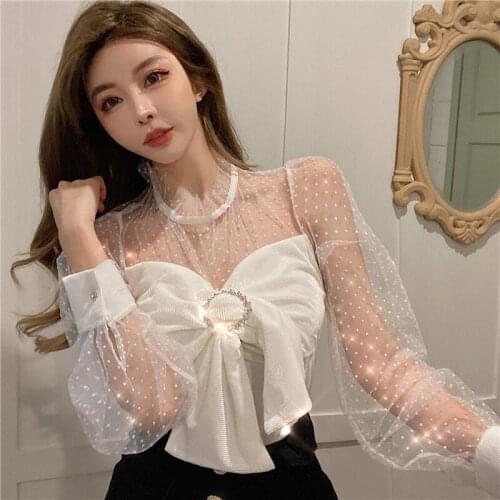 Autumn and winter new polar fleece polka dot mesh stitching shirt playful bow girly style blouse