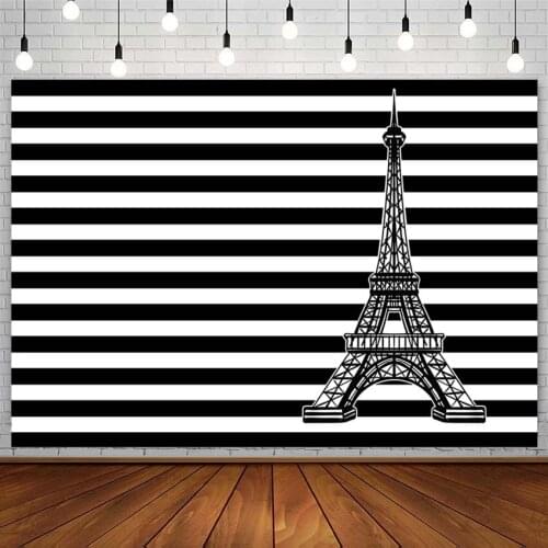 Eiffel Tower Backdrop Black White Stripes Birthday Party Baby Shower Banner Photography Background Photo Studio Props Photozone