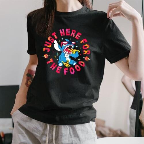 Oversized T-shirt Black Cartoon Female Kawaii Tops Tee Disney Lilo & Stitch Just Here For The Food T-Shirt Fashion T Shirt Women