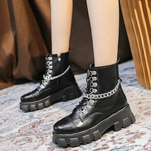 Lucyever Fashion Metal Chain Platform Women Boots 2020 Punk Rivet Patent Leather Ankle Boots Woman Gothic Black Heels Shoes