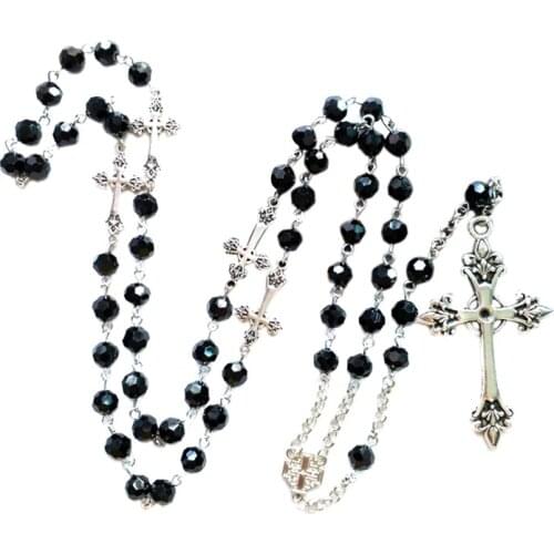 Trendy Vintage Rosary Necklace Spiritual Black Crystal Long Cross Pendant Holiday Thanksgiving Gift for Men Women Mother