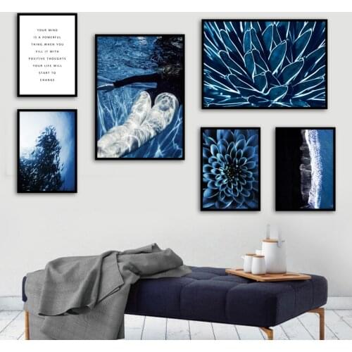 Wall Art Blue Sea Fish Flower Girl Swimming Canvas Painting Nordic Posters And Prints Wall Pictures For Living Room Decor