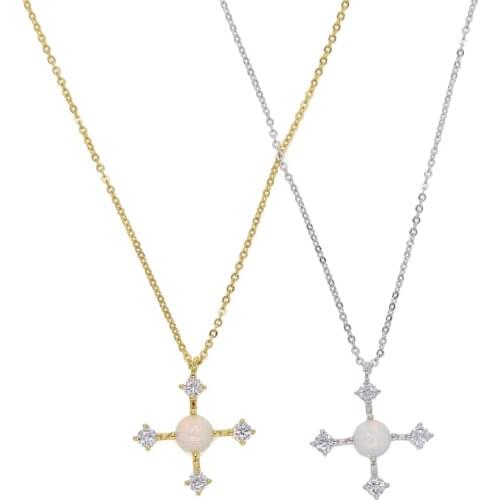NEW fashion beautiful opal cross pendant necklace with CZ paved tiny link chain cross charm jewelry for women lady wedding party