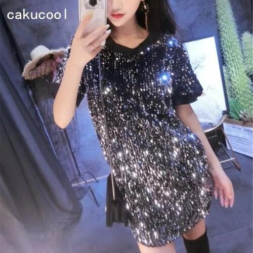Cakucool New Short Sleeve Dress Round Neck Shiny Silver Sequined Bling Short Vestido Chic Loose Slim Dresses Mujer Vadim Black