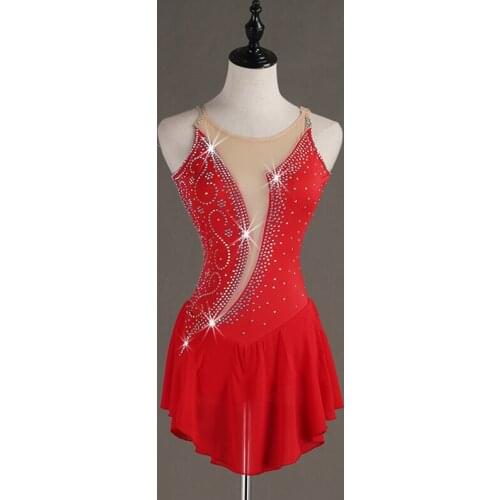 Figure Skating Competition Dresses Adult/Kid Sleeveless Red Elegant Crystal Clothes Modern Ballroom Dance Stage Costumes DQL3273