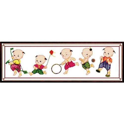 Five kids carrying blessings cross stitch kit people 18ct 14ct 11ct count print canvas stitches embroidery DIY handmade