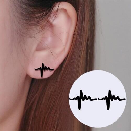 Jisensp Gothic Steampunk Heartbeat Stud Earrings Unique Electrocardiogram Stainless Steel Earrings for Women Doctors Nurses Gift