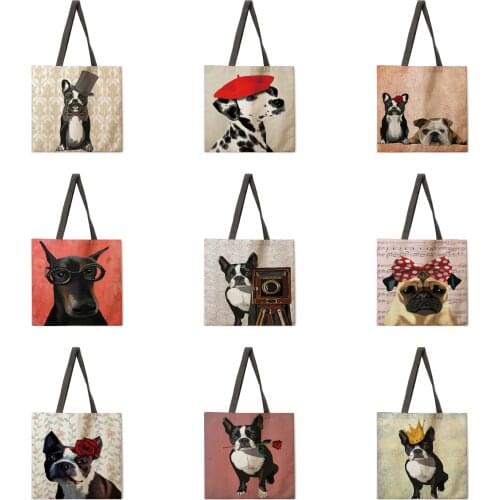Dog portrait cat tote bag reusable beach bag linen fabric casual tote bag ladies one-shoulder foldable shopping bag