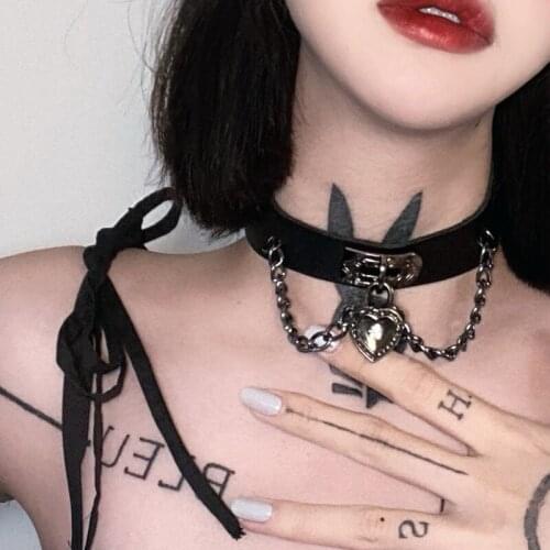 UODCM Vintage Punk Gothic Harajuku Cosplay Black White PU Love Leather Choker Necklace For Women Men Statement Necklaces Jewelry