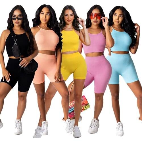 Spring Casual Kint Ribbed Crop Tank Top +Short Pants Sportsuit Outfits Women Clothing Soild Color Outfit
