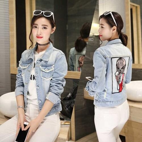 Wenfly Womens Clothes Korean Denim Jacket Cartoon Printing Long Sleeve Loose Streetwear Short Outerwear Female Harajuku