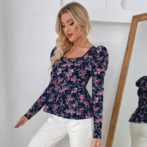 Retro Womens Autumn Shirt Floral Print Puff Sleeve Square Neck Slim Blouses Fashion Lady Long Sleeveelegant Blouse Shirt