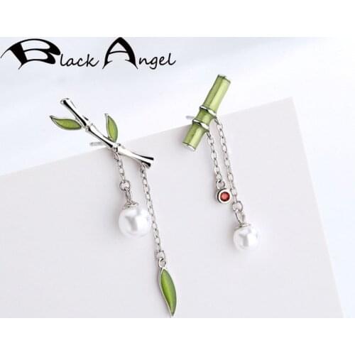 BLACK ANGEL Enamel Ladies Earring Green Bamboo Earring Dangle With Pearl Retro Cute Earrings For Women Silver Fashion Jewelry