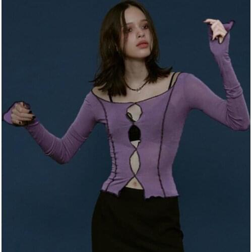 Punk Style Off Shoulder T-Shirts Womem Long Sleeve Striped Line Strap Tees Hollow Patch Split Crop Top Girls Street Clothes