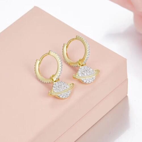 SLJELY Luxury Brand 925 Sterling Silver 3A Cubic Zirconia Saturn Drop Earrings Women Gold Color Star Space Style Jewelry Fine