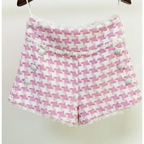 HIGH STREET Newest 2021 Fall Winter Designer Fashion Womens Lion Buttons Tassel Fringed Houndstooth Tweed Shorts pink wholesale