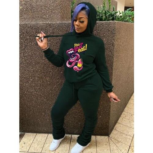 Two piece set women printed hoodies sweatshirt+solid sweatpants survetement femme ensemble 2 pieces,2021 sweatsuits for women