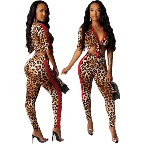 Leopard Print Color Patchwork 2 Piece Set Women Sexy Suit Front Tie Half Sleeve Shirt Crop Top Pencil Pants Club Outfit