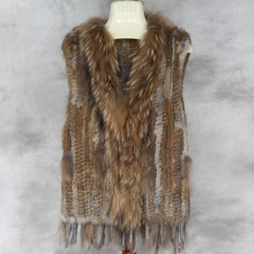 Ifur Free shipping womens natural real rabbit fur vest with raccoon fur collar waistcoat/jackets rex rabbit knitted winte B018