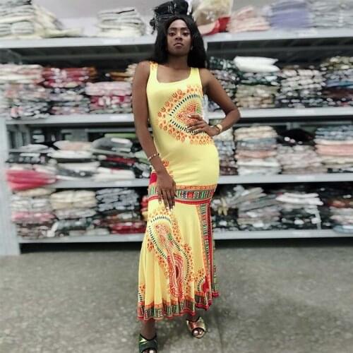 New Summer Women Yellow Africa print Long Dress Fashion Sexy O-neck Sleeveless Bodycon Evening Party Dresses Beach Holiday Dress