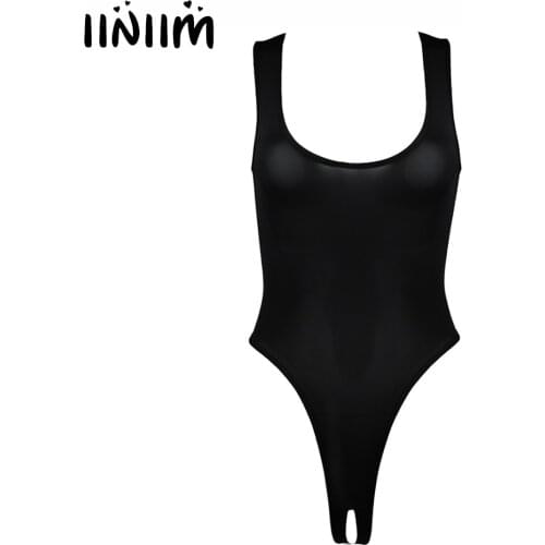 Hot Womens Exotic Lingerie Stretch Sleeveless High Cut Thong Leotard Bodysuit Underwear with Open Crotch Wetlook Sissy Body Suit