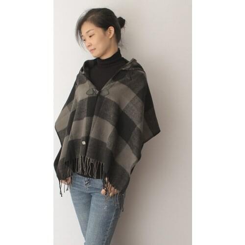 Winter Women Scarf Classical Black Grey Plaid Hooded Scarf Shawl Wraps Female Warm Cashmere Poncho Pashmina Cape With Hat