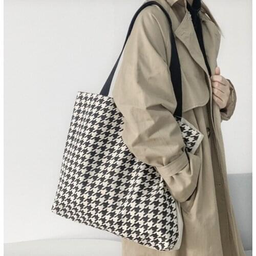 Houndstooth Print Women Canvas Tote Shopper Bag Large Cotton Cloth Ladies Shoulder Shopping Bags Big Female Handbag Eco Shoppers