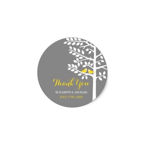 3.8cm Yellow and Grey Tree Love Birds Wedding Thank You Classic Round Sticker