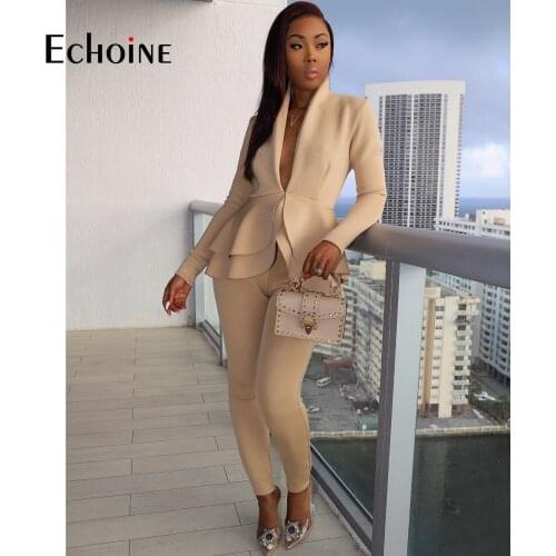 Echoine classic Women Solid Long Sleeve Ruffles Blazer Work Wear And Pencil Pants Suit Two Piece Set Office Lady uniform Outfits