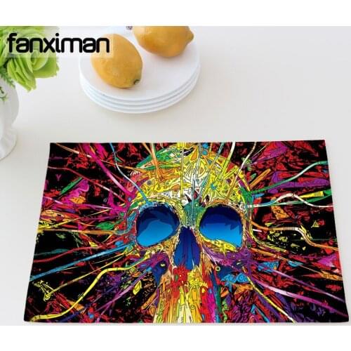 Colorful Skull Print Table Mats For Dining Table Eco Linen Napkins For Kitchen Heat Insulation Placemats Coasters 42*32 CM