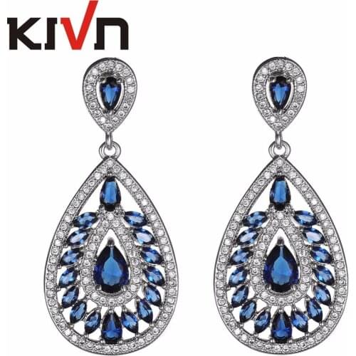 KIVN Fashion Jewelry Luxury Drop Dangle Pave Blue Cubic Zirconia Womens Girls Gifts Bridal Wedding Earrings 6pcs Lot Wholesale